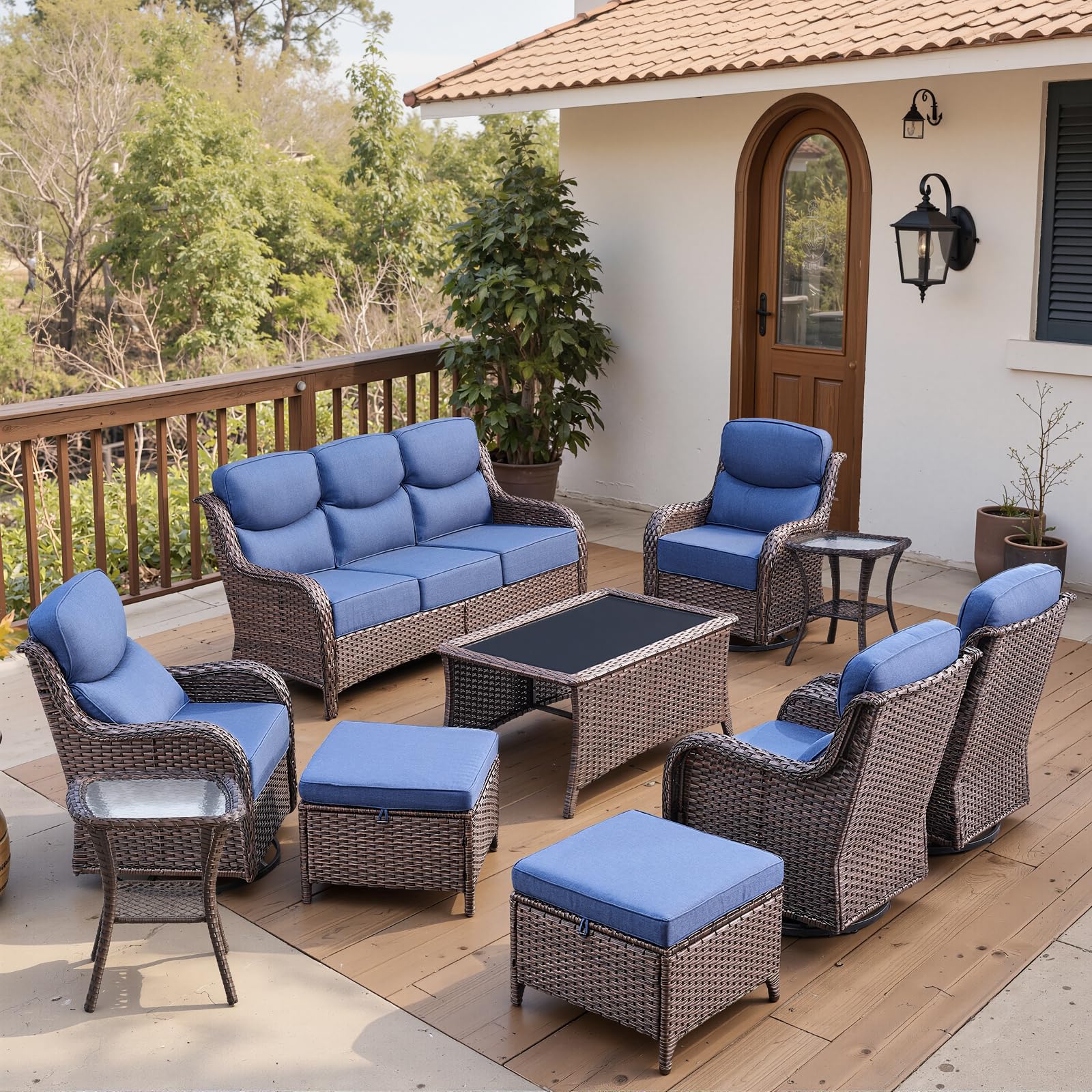Ensemble de mobilier de patio en osier Belord 10 pièces avec chaises pivotantes — Mobilier de patio et d'extérieur