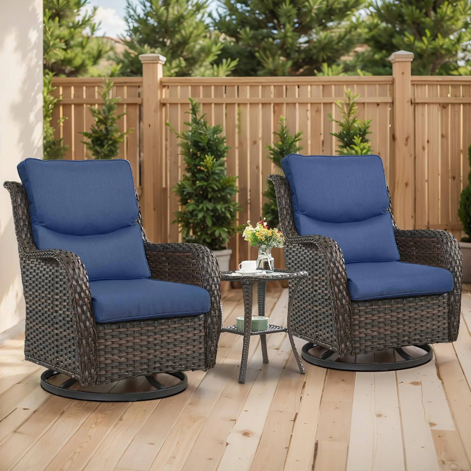 Ensemble de patio pivotant 3 pièces avec 2 chaises et table en verre — Mobilier de patio et d'extérieur