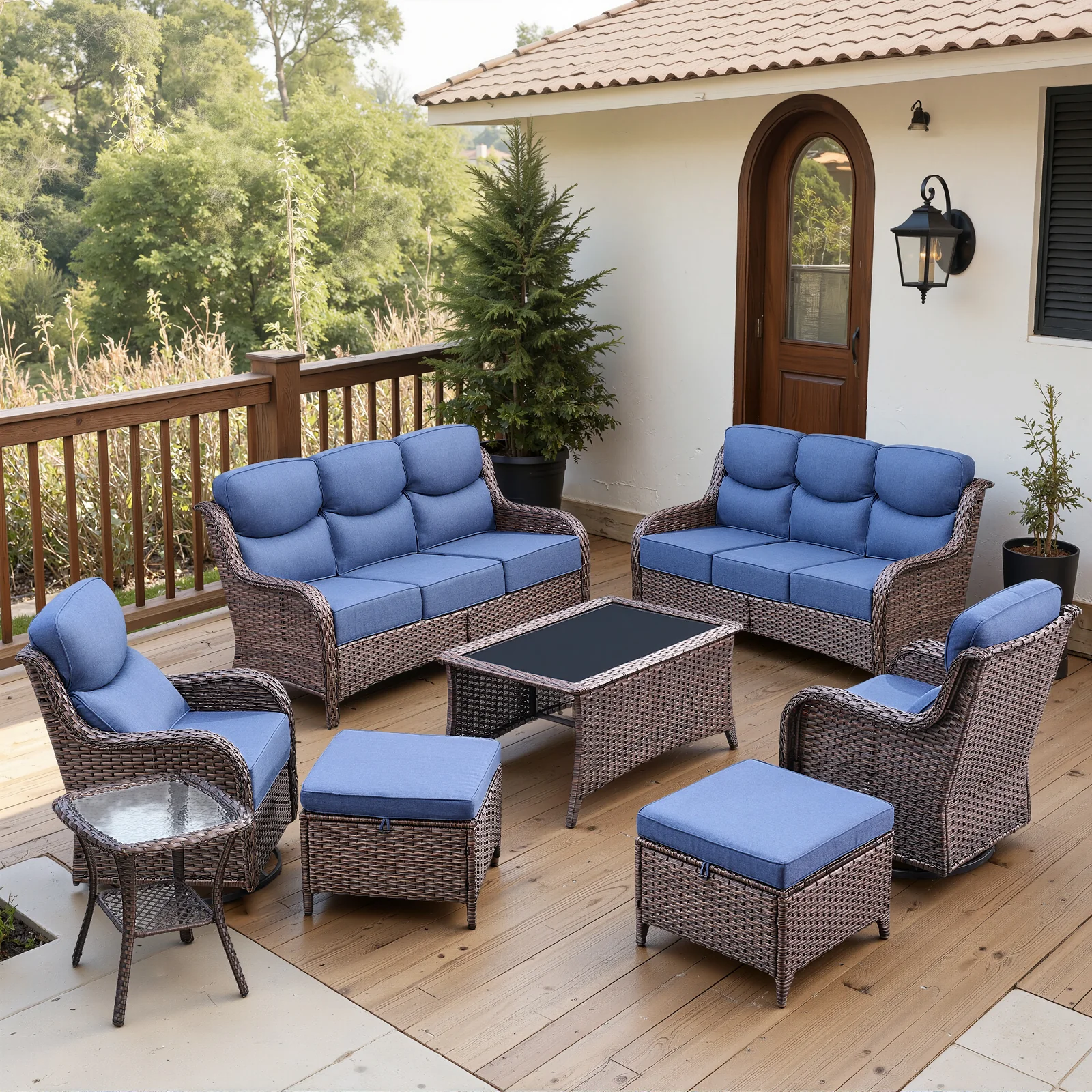 Ensemble de meubles de patio en osier Belord 8 pièces avec chaises à bascule — Mobilier de patio et d'extérieur