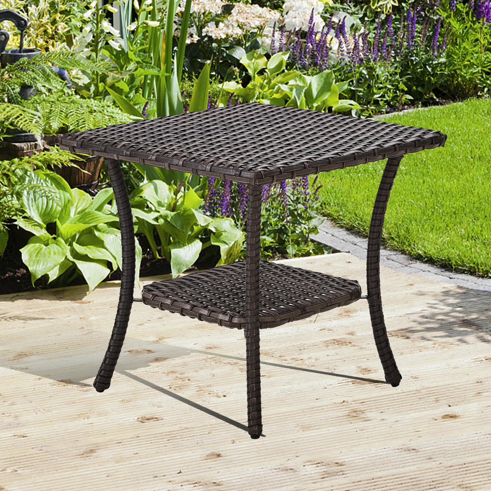 Belord MN Series Outdoor Wicker Rattan Side Table with 2-Tier Storage — Patio & Outdoor Furniture
