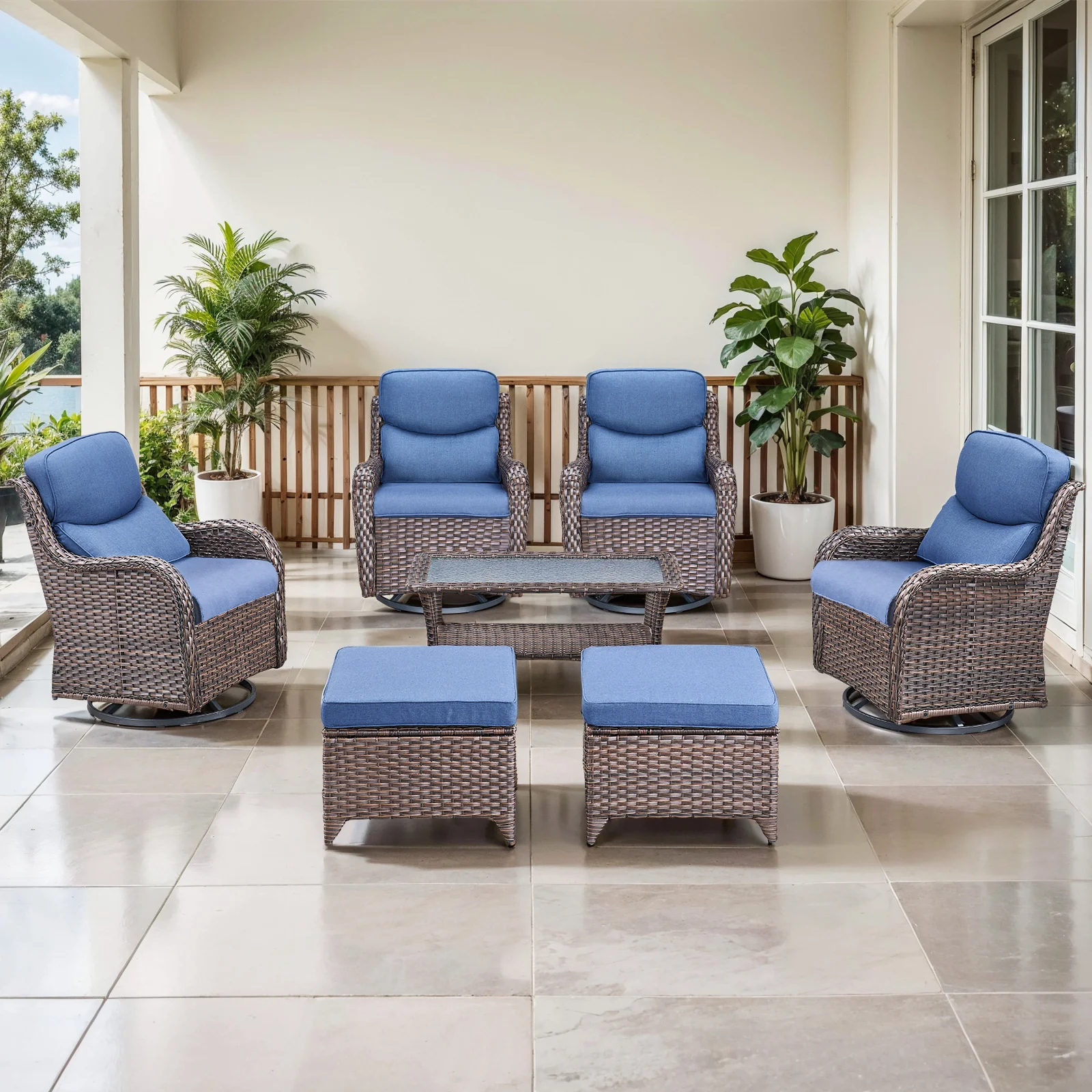 Ensemble de chaises pivotantes de patio 7 pièces avec table basse - Brun/Bleu — Mobilier de patio et d'extérieur