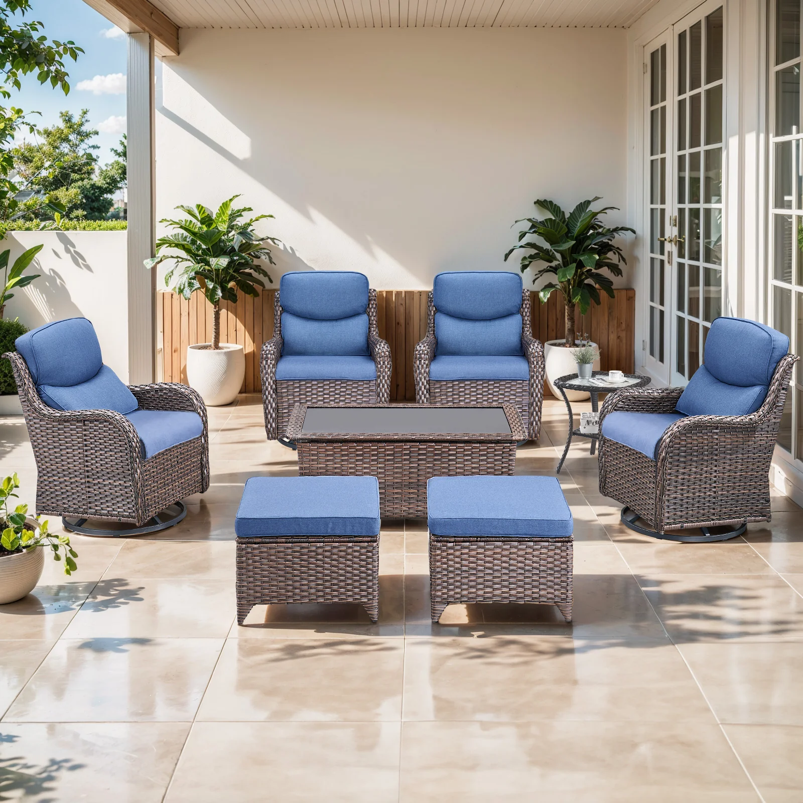 Ensemble de chaises pivotantes de patio en rotin - 8 pièces avec table basse — Mobilier de patio et d'extérieur
