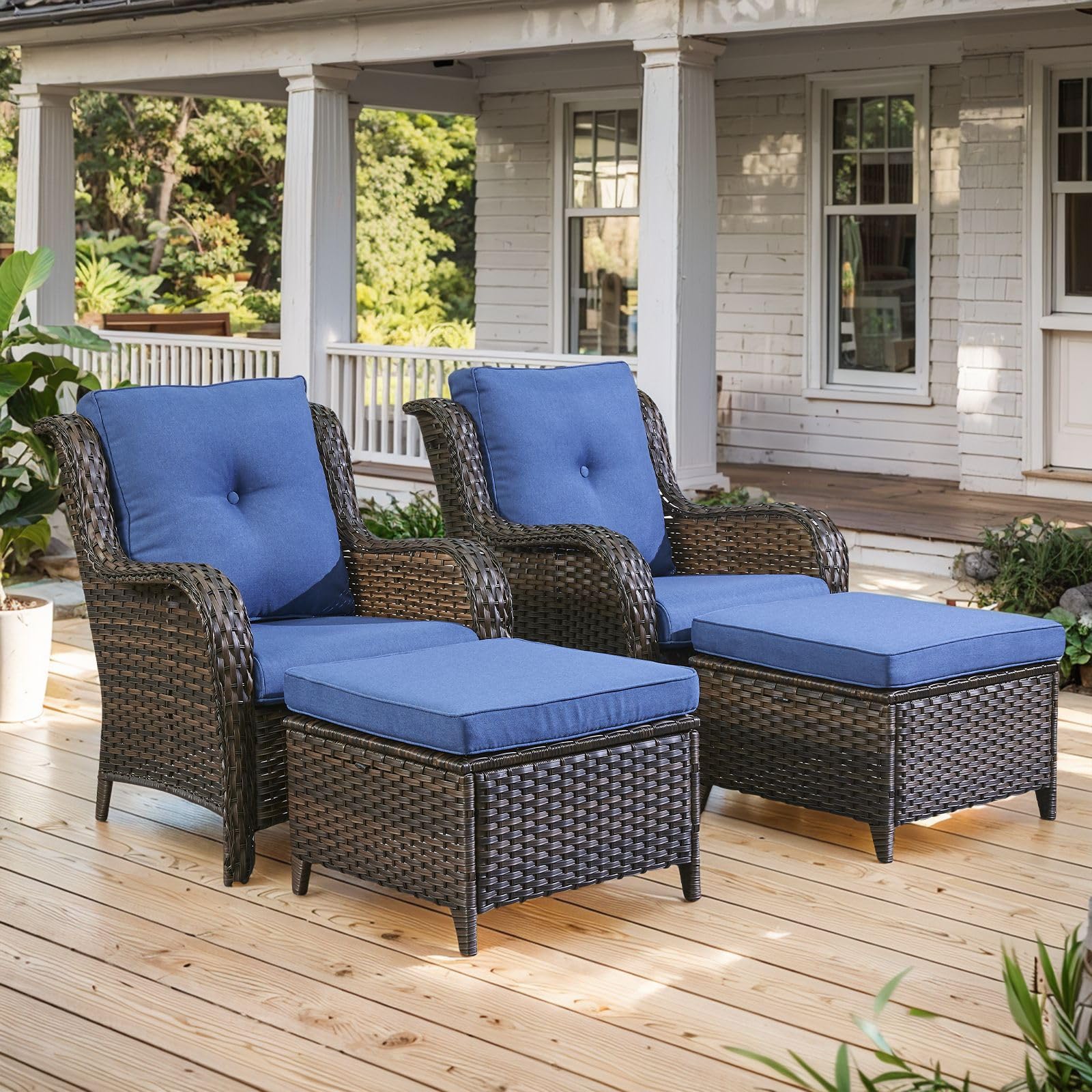 Ensemble de 4 Chaises de Patio en Osier avec Ottoman - Brun/Bleu — Mobilier de patio et d'extérieur