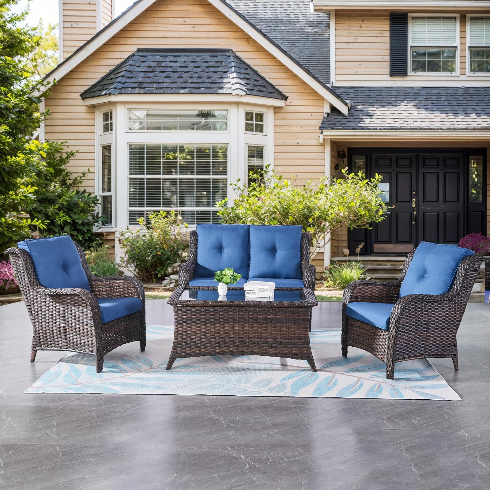 Ensemble de meubles de patio en osier de 4 pièces avec loveseat et table — Mobilier de patio et d'extérieur