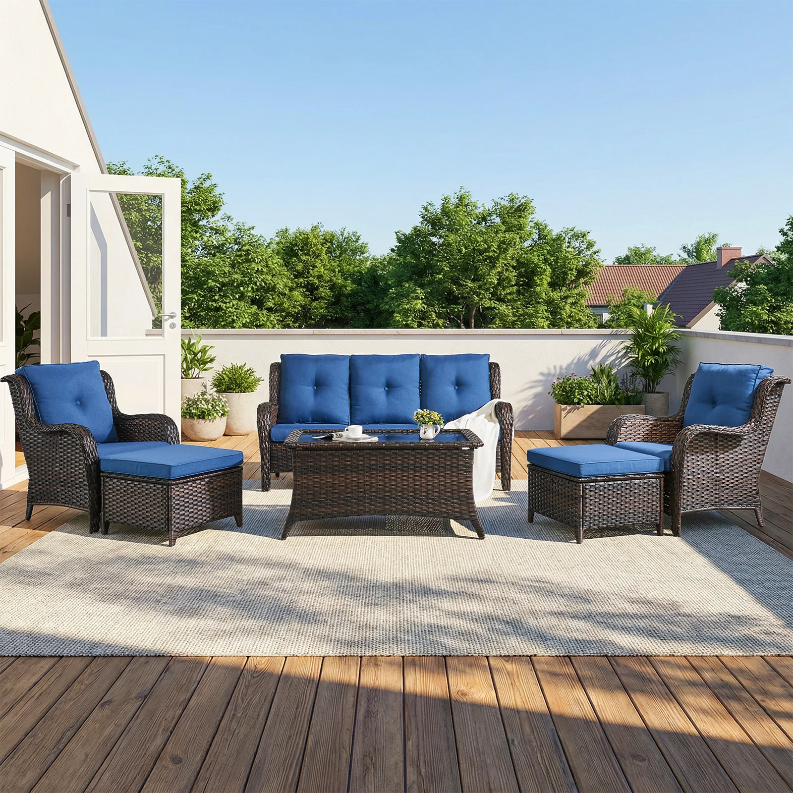 Ensemble de meubles de patio en osier de 6 pièces avec canapé et ottoman — Mobilier de patio et d'extérieur