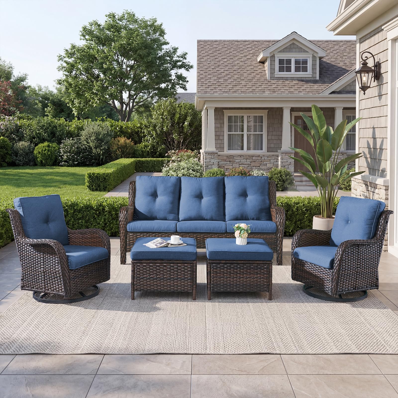 Ensemble de chaises à bascule en osier Belord 5 pièces avec ottomans — Mobilier de patio et d'extérieur