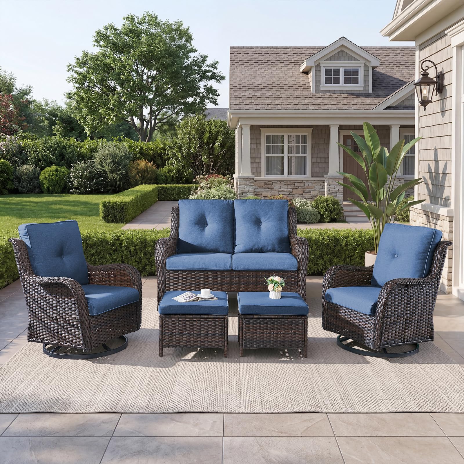 Ensemble de Chaises Berçantes en Osier Belord de 5 Pièces avec Ottomans — Mobilier de patio et d'extérieur