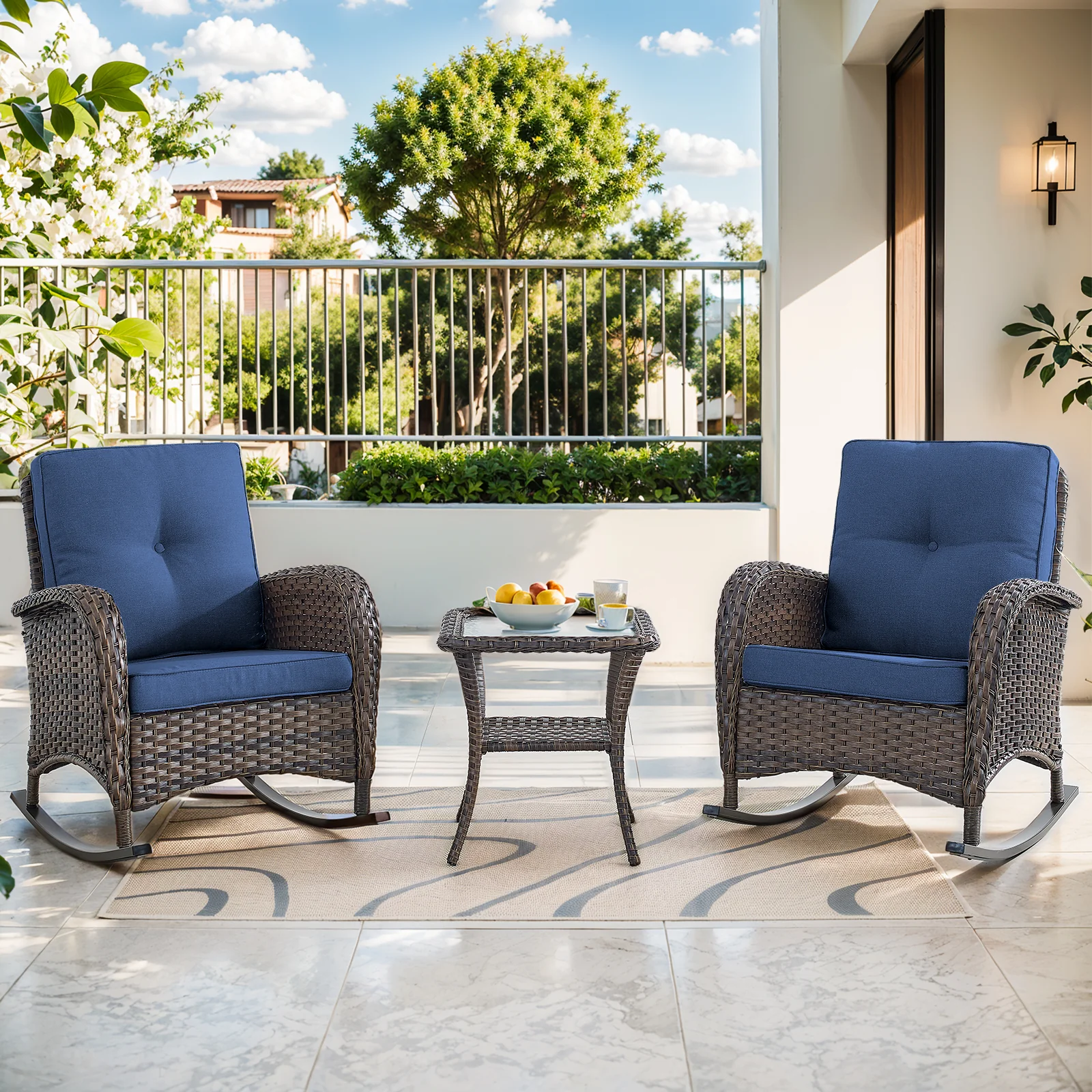 Belord 3 Piece Wicker Rocking Chair Set with Side Table - Brown/Blue — Patio & Outdoor Furniture