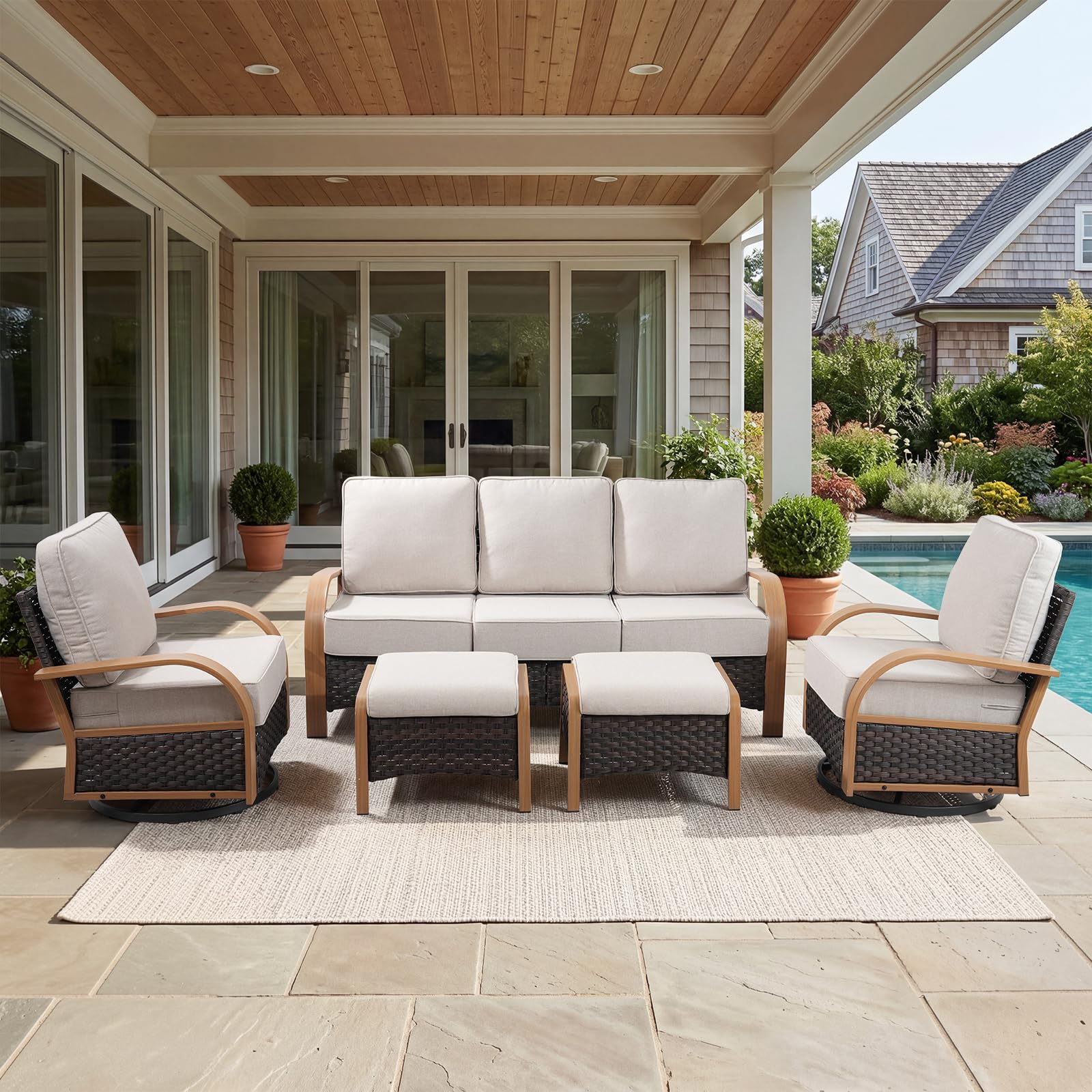 5-Piece Patio Conversation Set with Swivel Chairs and Ottomans