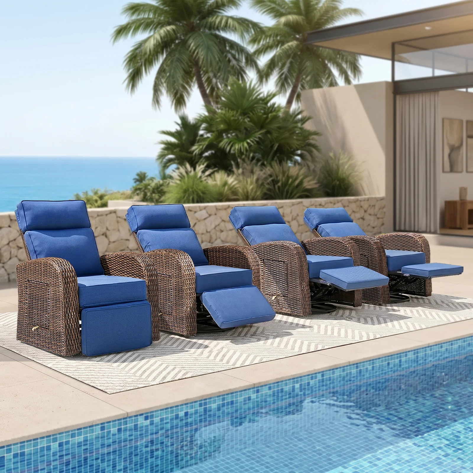 Belord Fauteuil inclinable de patio pivotant en 4 pièces avec ottoman extensible — Mobilier de patio et d'extérieur