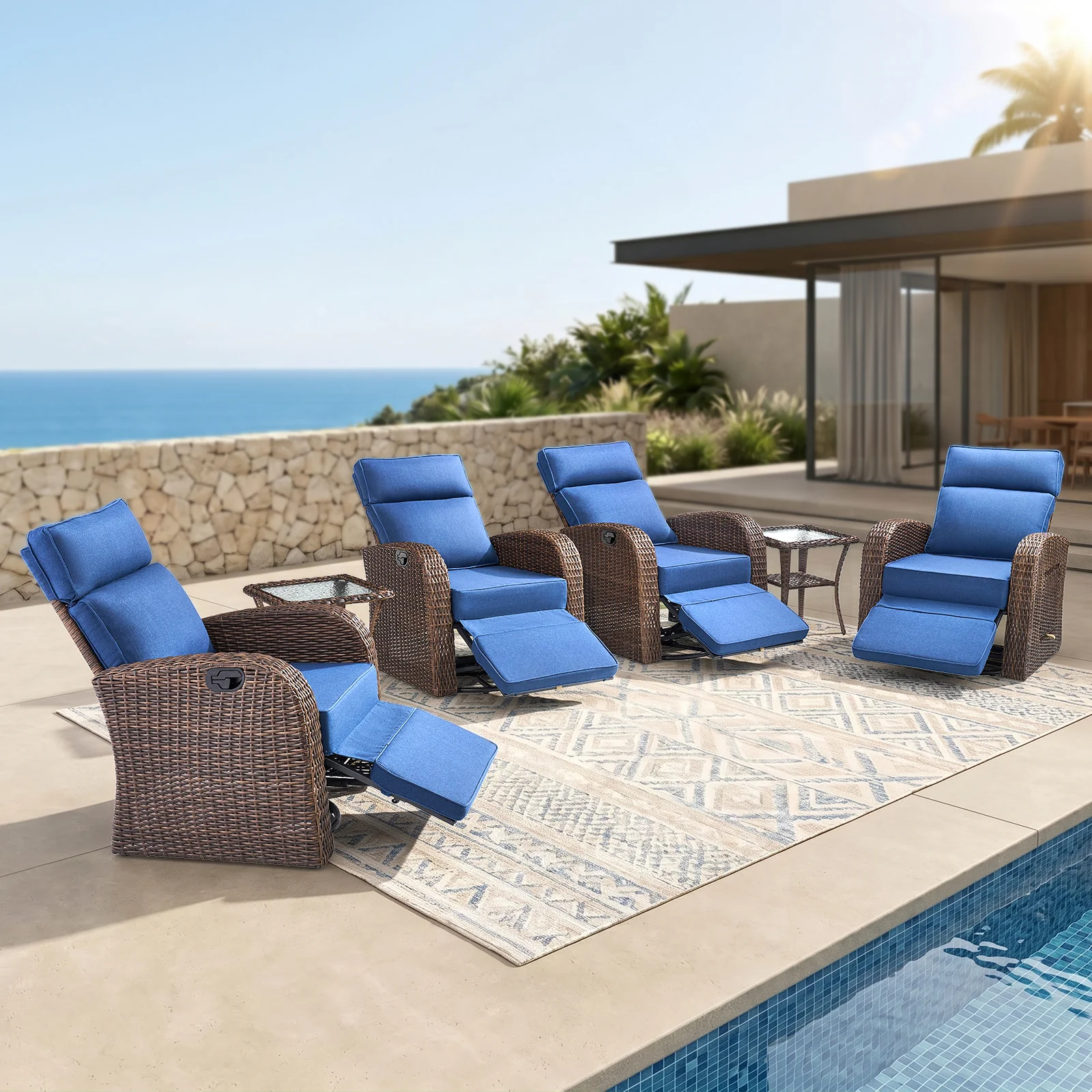 6-Piece Patio Recliner Set with Side Tables and 5-Inch Cushions