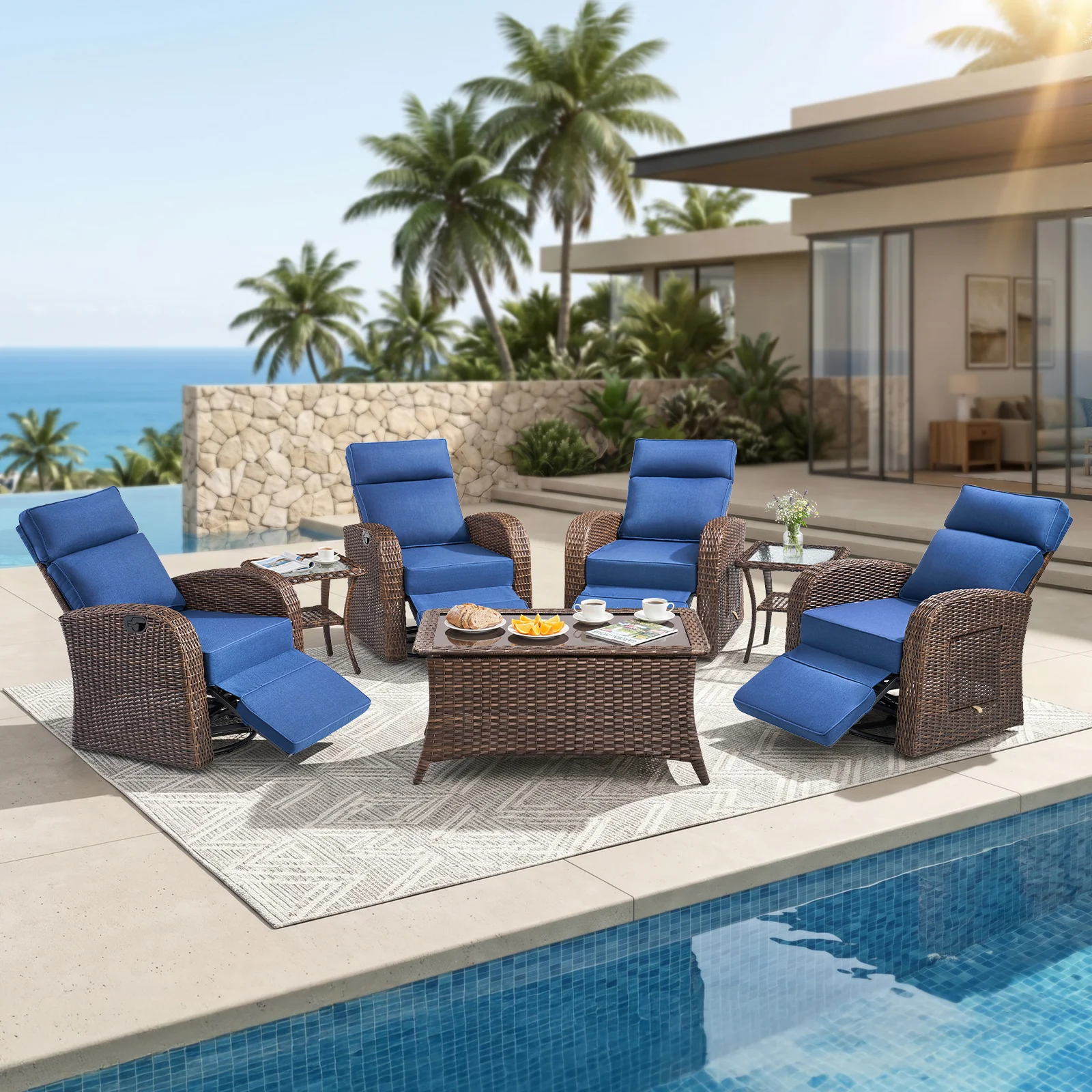 Belord AM Series 7-Piece Patio Recliner Set with Coffee & Side Tables
