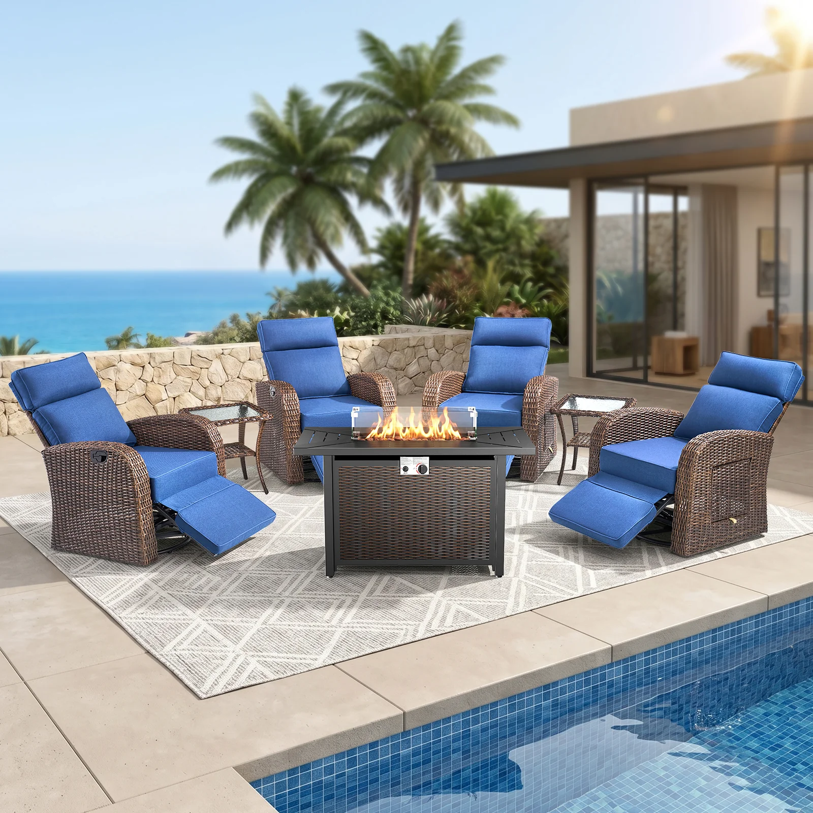 7-Piece Belord Patio Recliner Set with Fire Pit Table