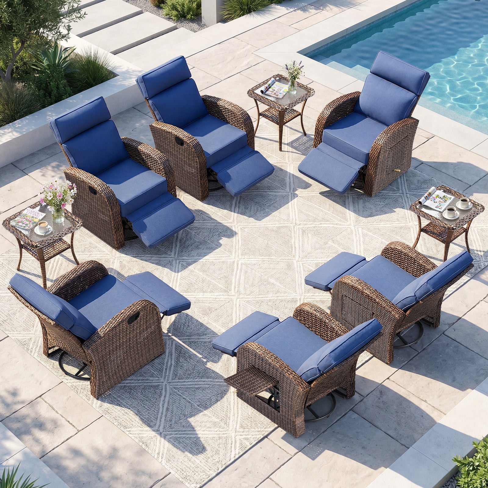 9-Piece Patio Recliner Set with Side Tables and Cushions by Belord