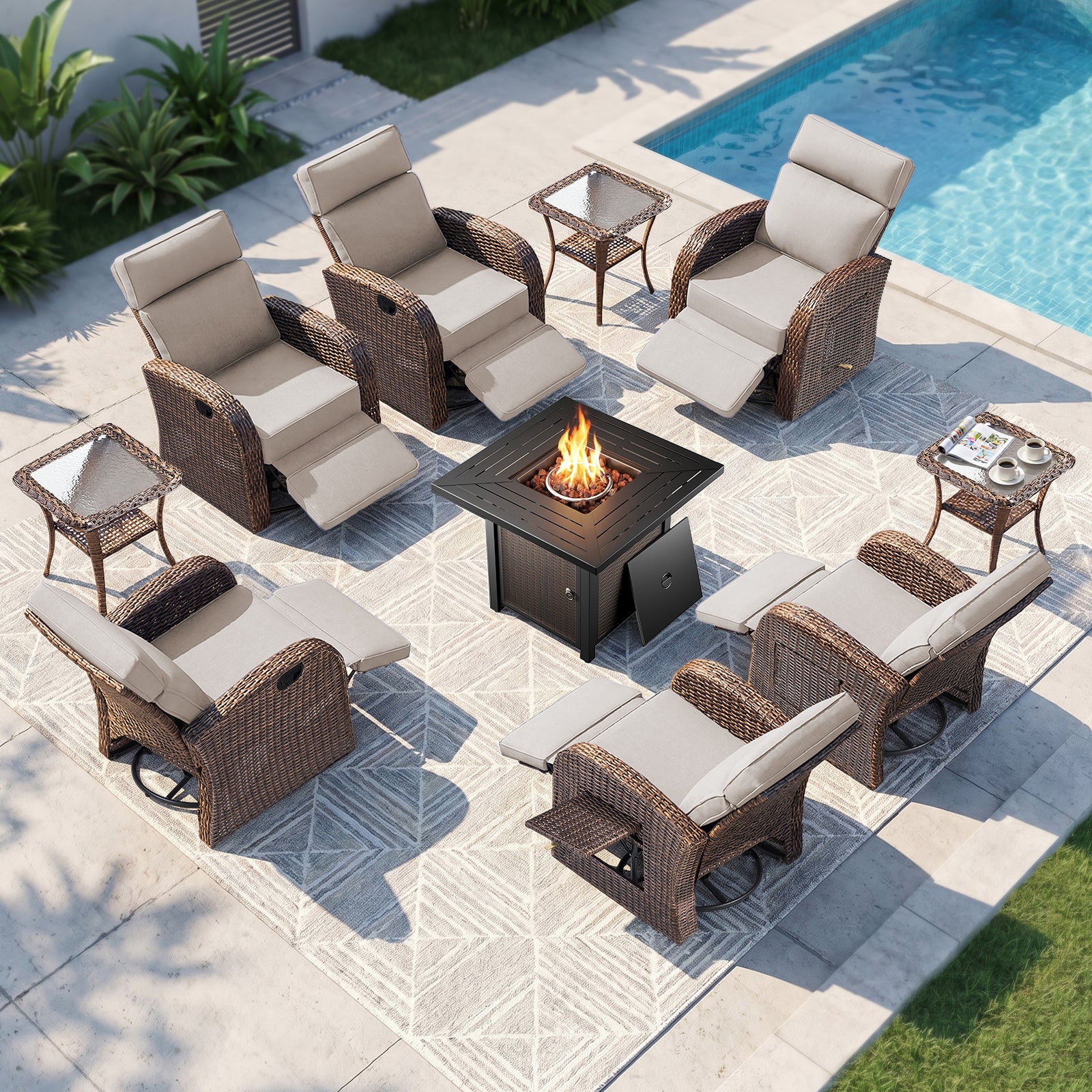 10-Piece Patio Recliner Set with Fire Pit Table, AM Series