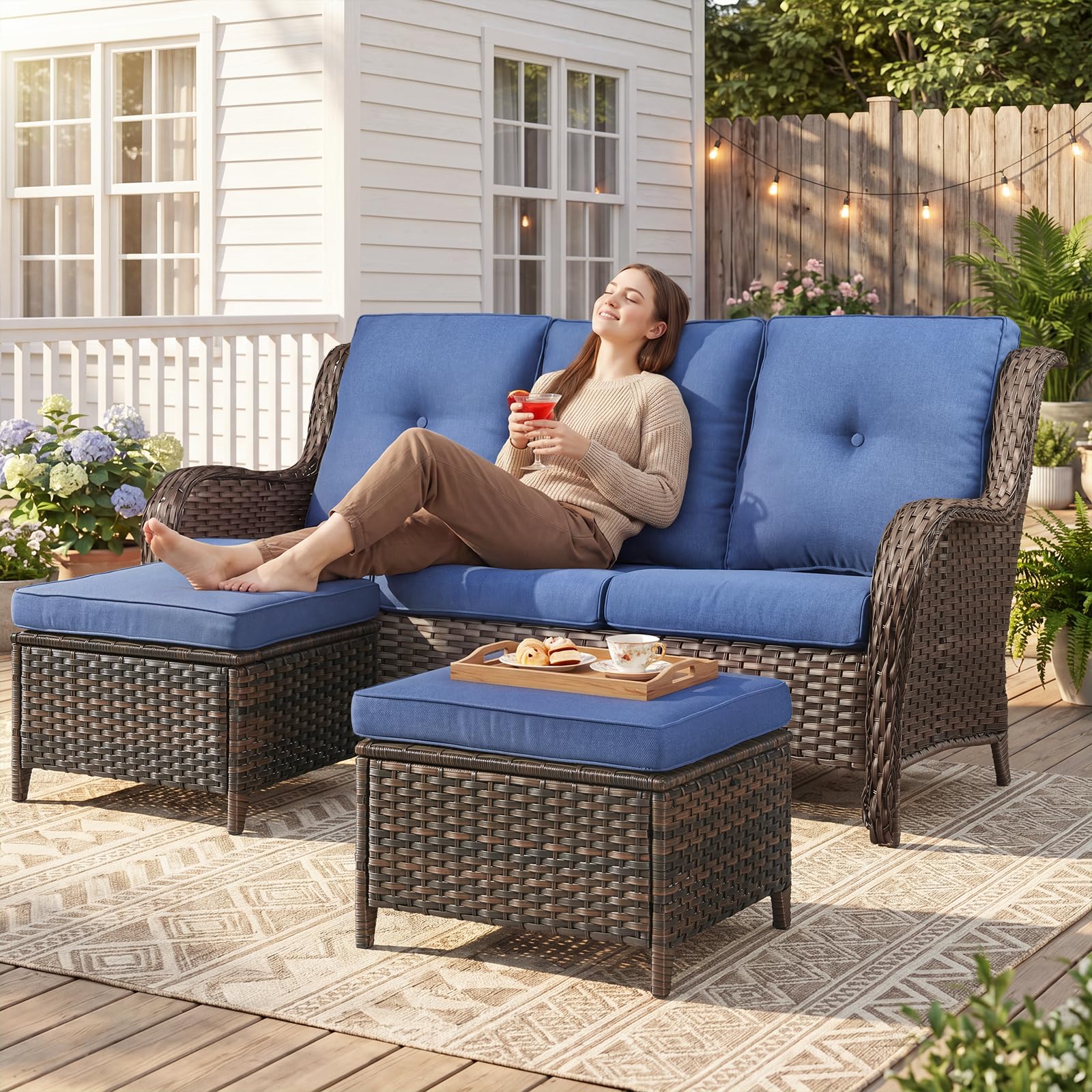 Ensemble de Canapé d'Extérieur Belord 3 Pièces avec 2 Ottomans - Brun/Bleu — Mobilier de patio et d'extérieur