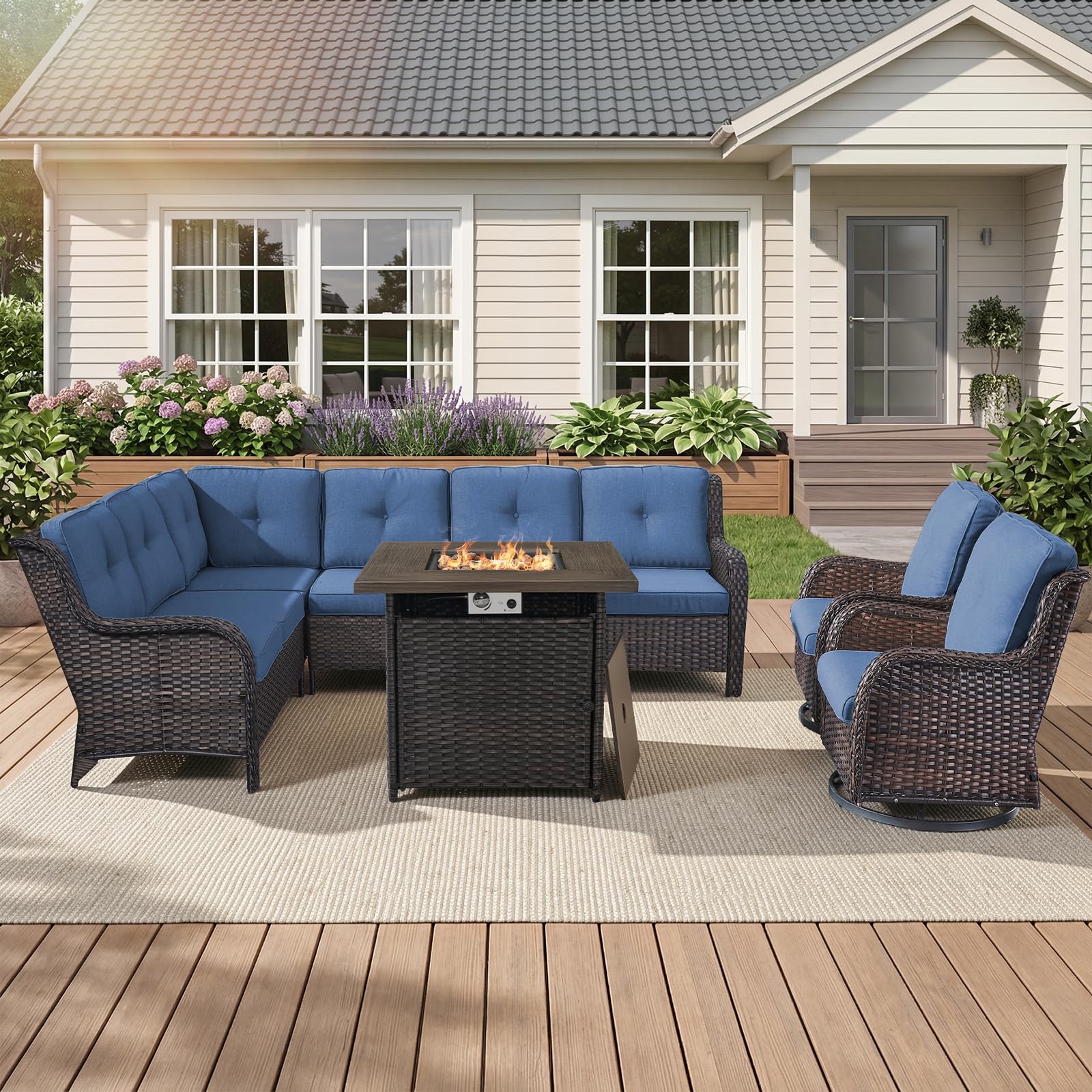 Belord 5-Piece L-Shaped Wicker Sectional Sofa Set with Fire Pit