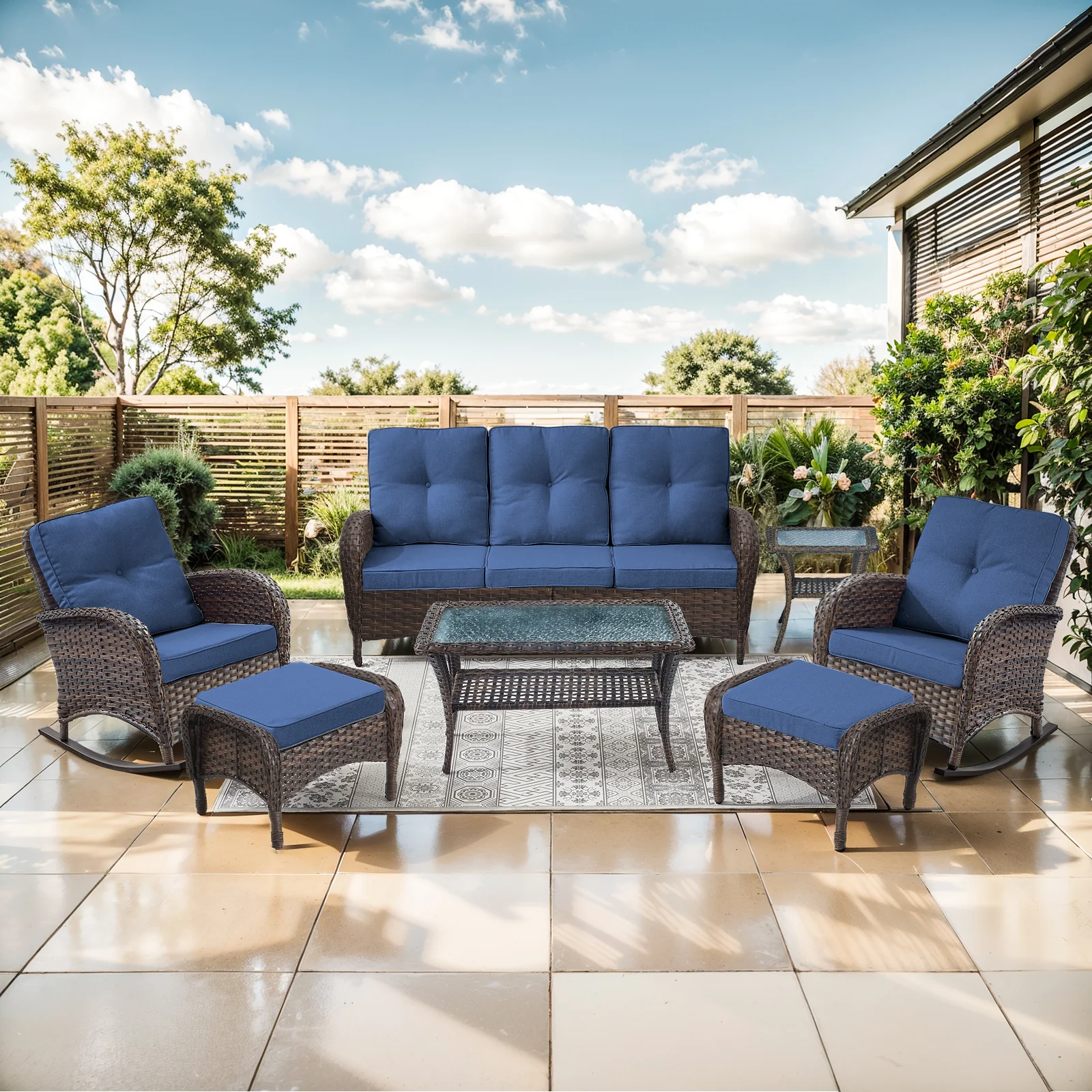 Ensemble de Chaises Berçantes en Osier Belord de 7 Pièces avec Tables — Mobilier de patio et d'extérieur