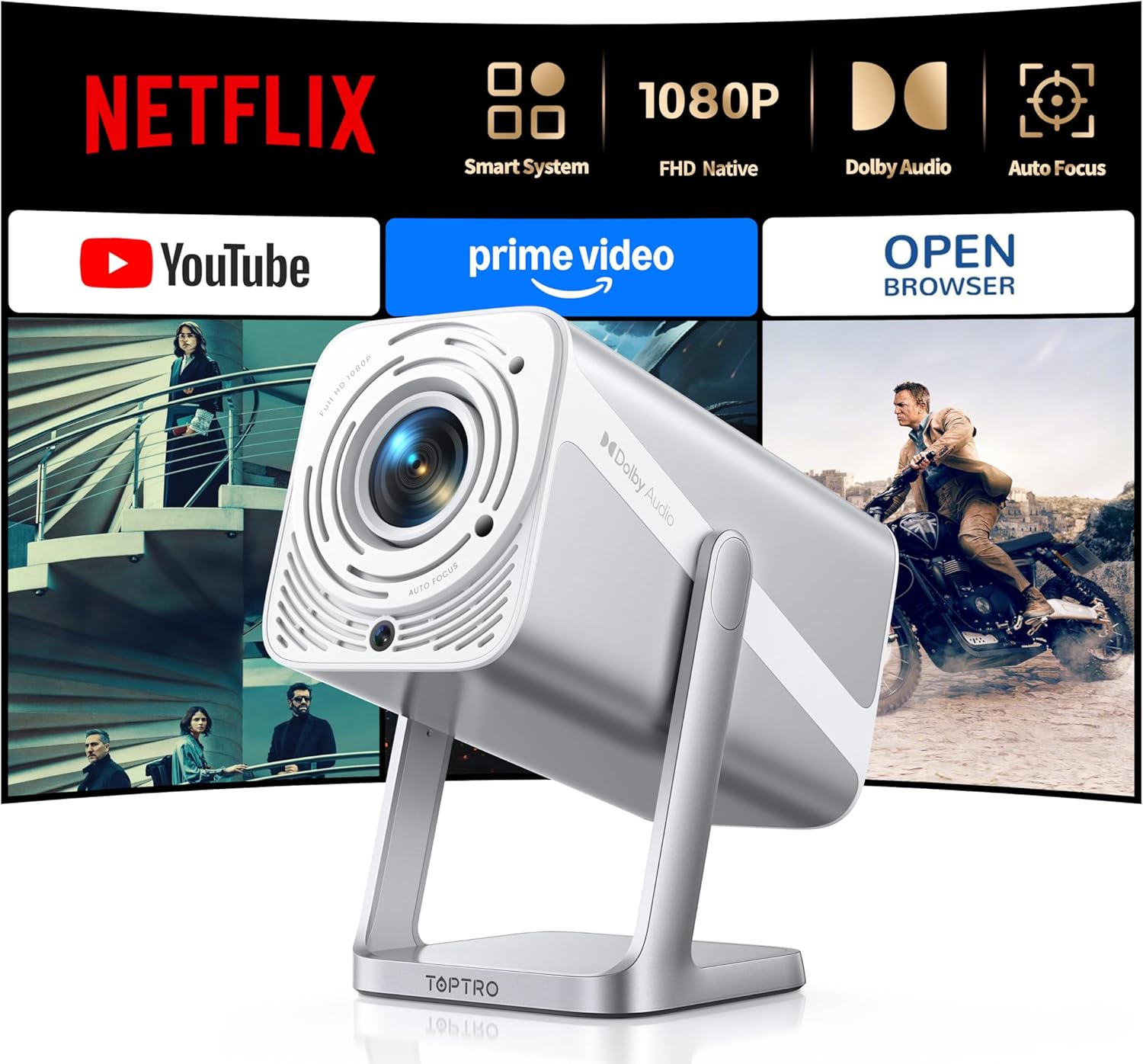 Projecteur TOPTRO 4K – 1080P Portable, WiFi6, Autofocus — Projecteur portatif