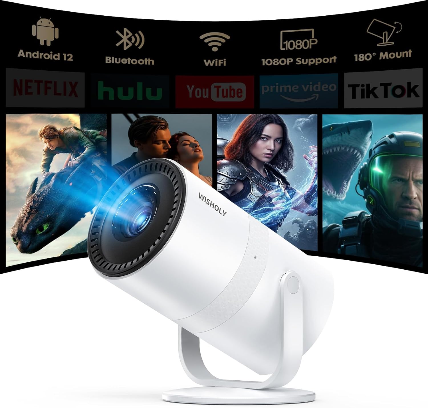 WISHOLY Mini Projector Android 12 1080P WiFi Bluetooth — Portable Projector