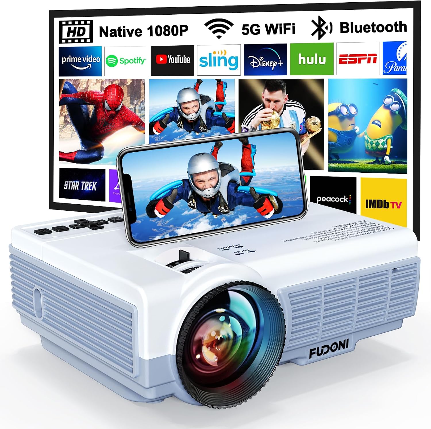 Projecteur portable FUDONI 1080P natif 9500L WiFi 5G — Projecteur portatif
