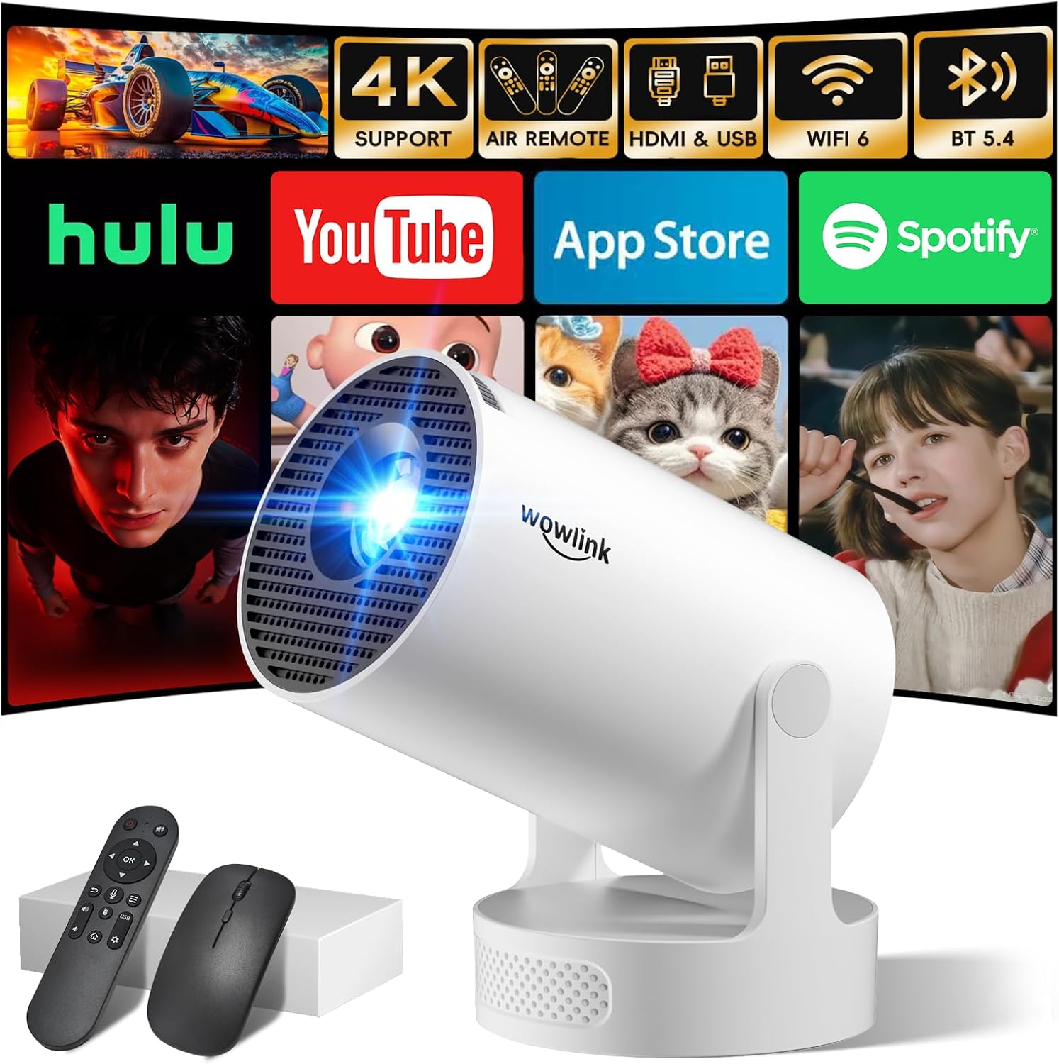Mini Projecteur WiFi 6 4K 1080P Correction Keystone Auto 180° — Projecteur portatif
