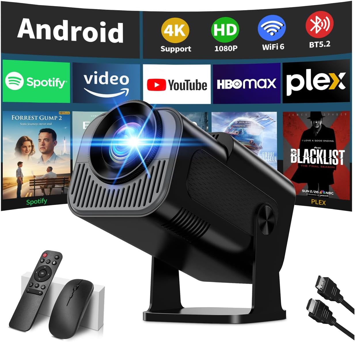 Mini Projecteur 1080P Full HD, 4K, Rotation 180°, WiFi 6 — Projecteur portatif