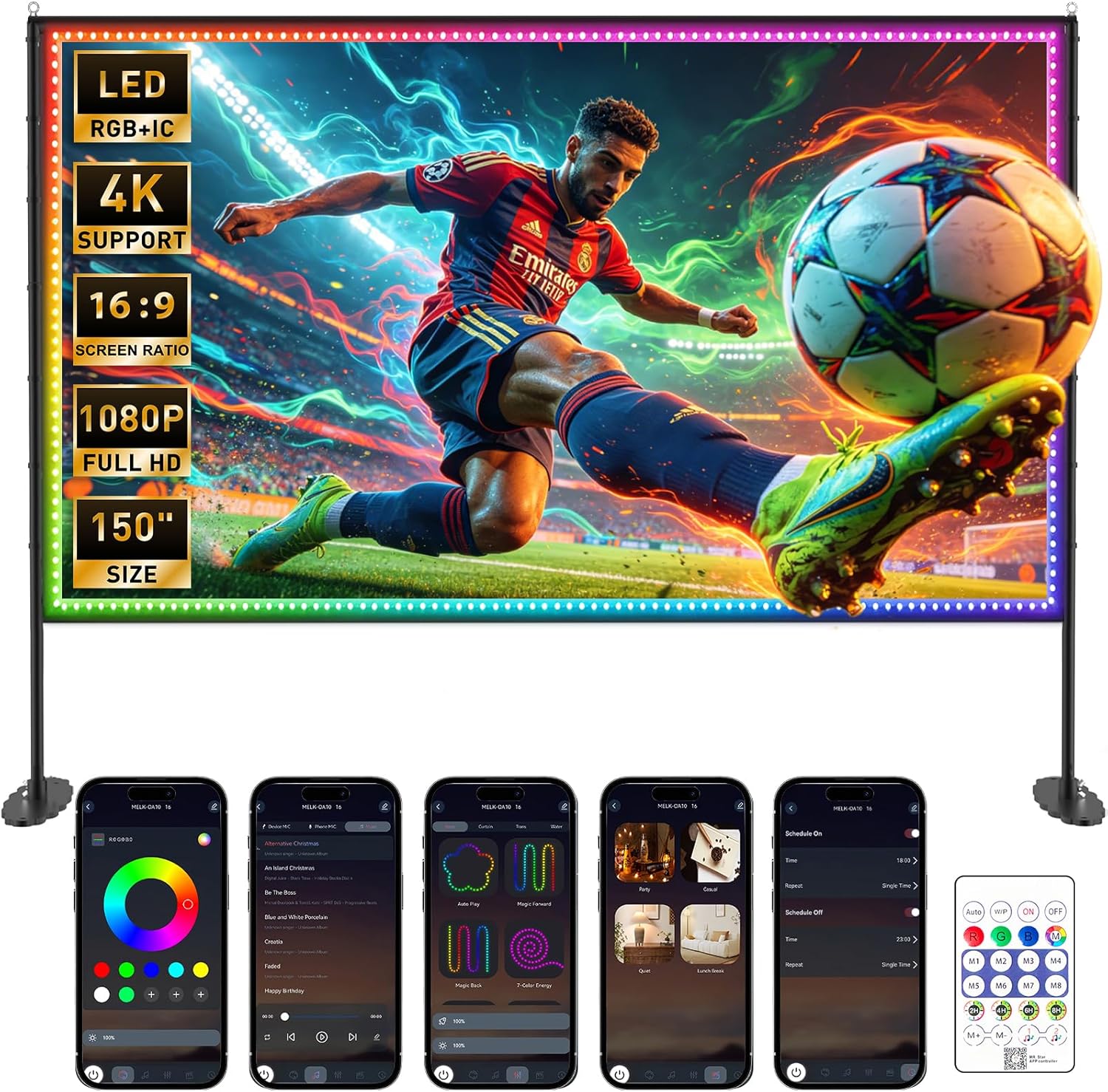 Écran de projection 150 po portable avec support, 16:9 4K HD — Projecteur portatif