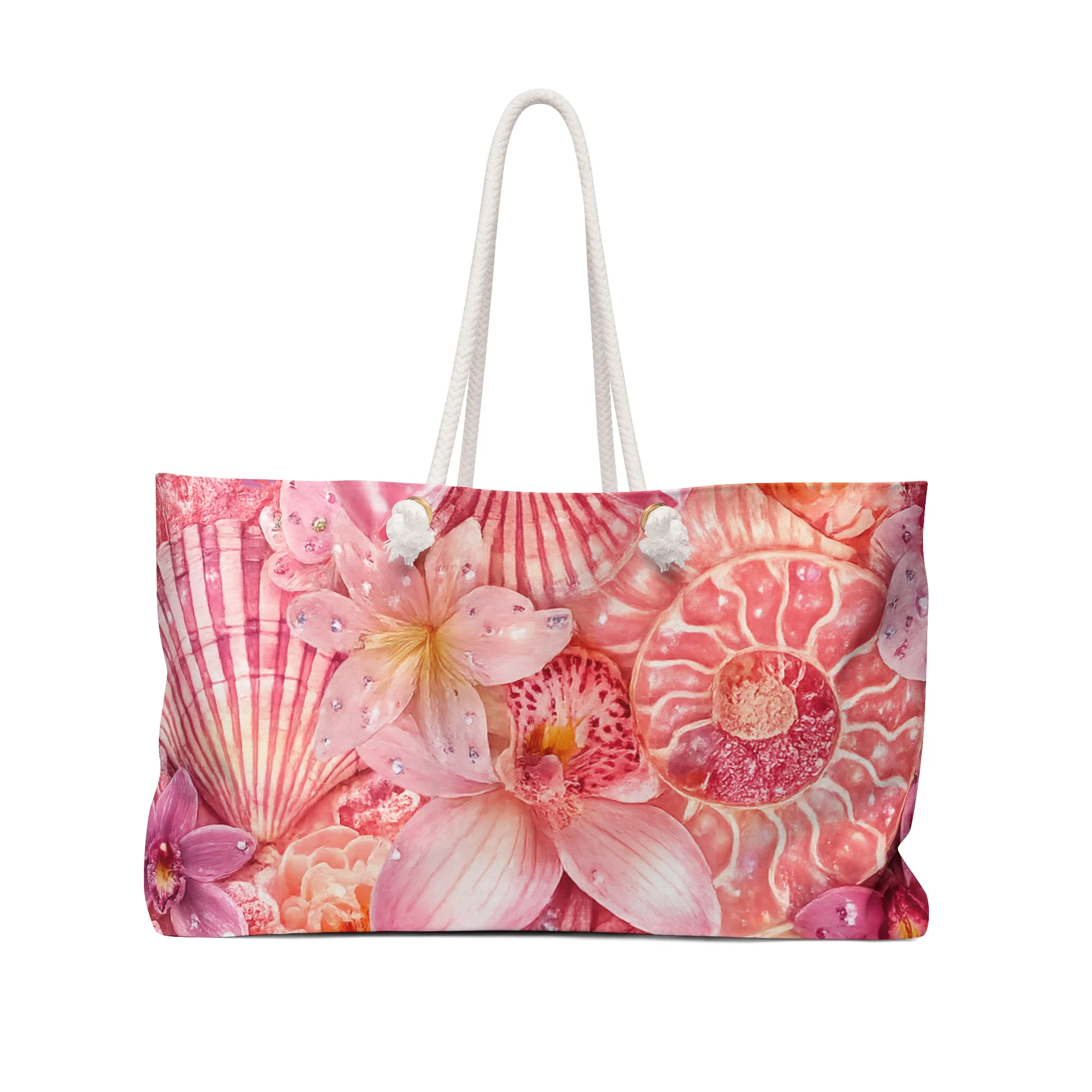Pink Seashell Floral Weekender Beach Bag