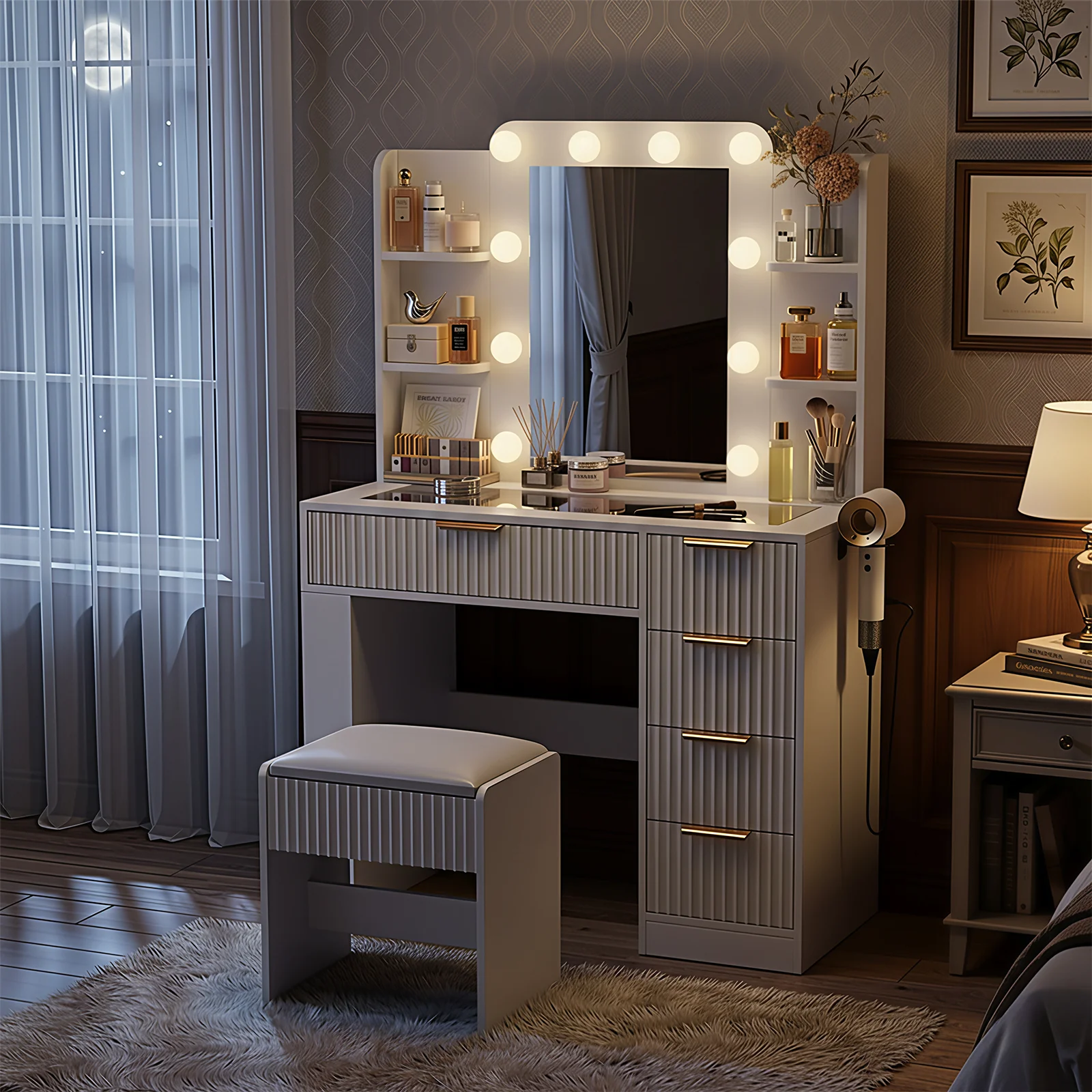Bureau de maquillage cannelé 37" Belord avec miroir LED et 5 tiroirs — Matelas