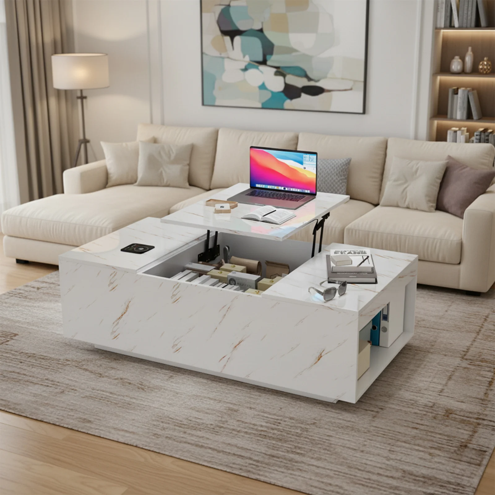 Table basse à plateau relevable à DEL de 47,2 po avec chargement sans fil et haut-parleur Bluetooth Belord — Matelas