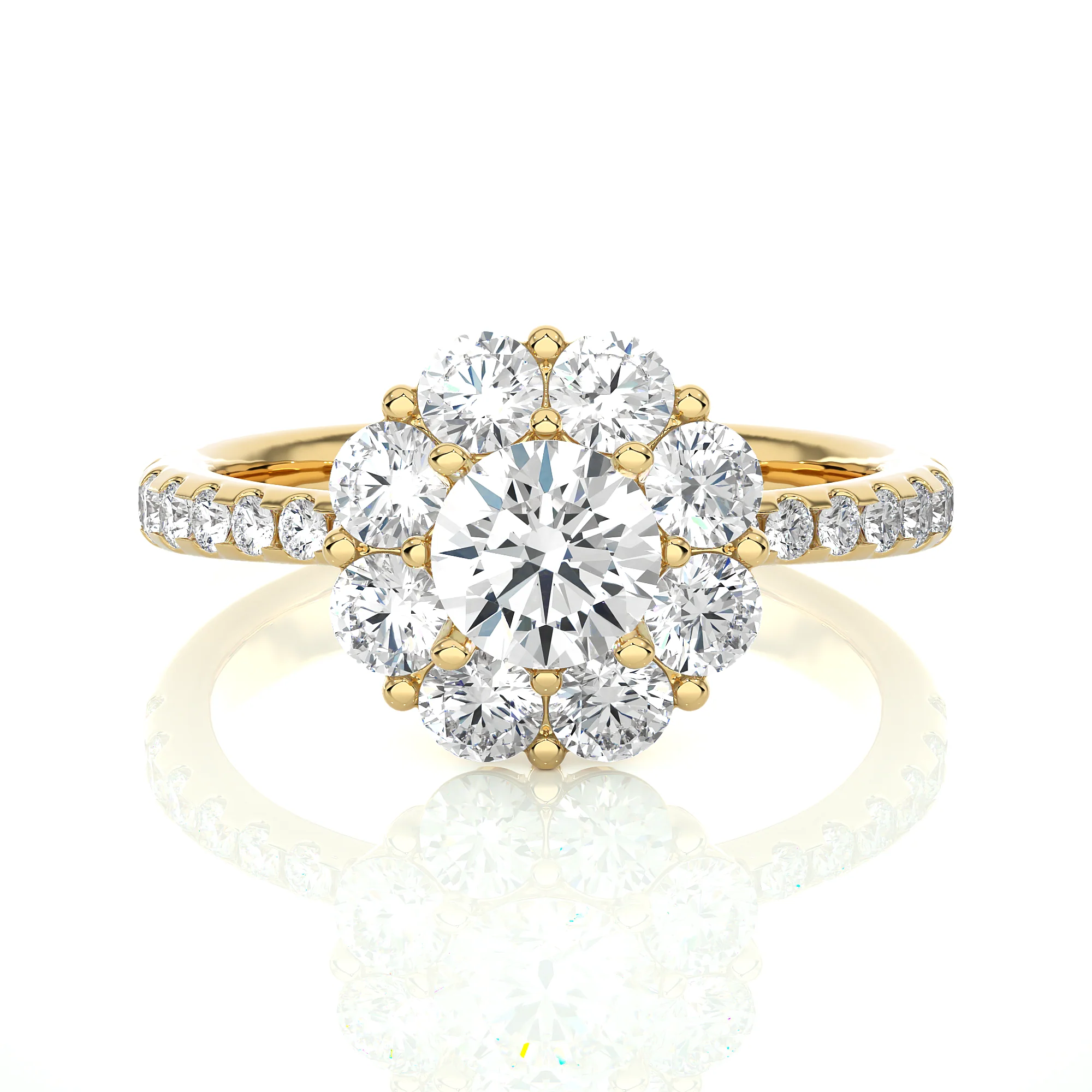 Bague de fiançailles ronde avec halo floral et diamants fabriqués en laboratoire - Or jaune 10 carats / Diamant de laboratoire — Bagues de fiançailles