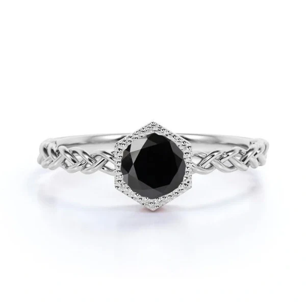 Bague de fiançailles solitaire diamant noir taille ronde sertie d'une lunette de 1,01 carat - Or jaune 10 carats — Bagues de fiançailles