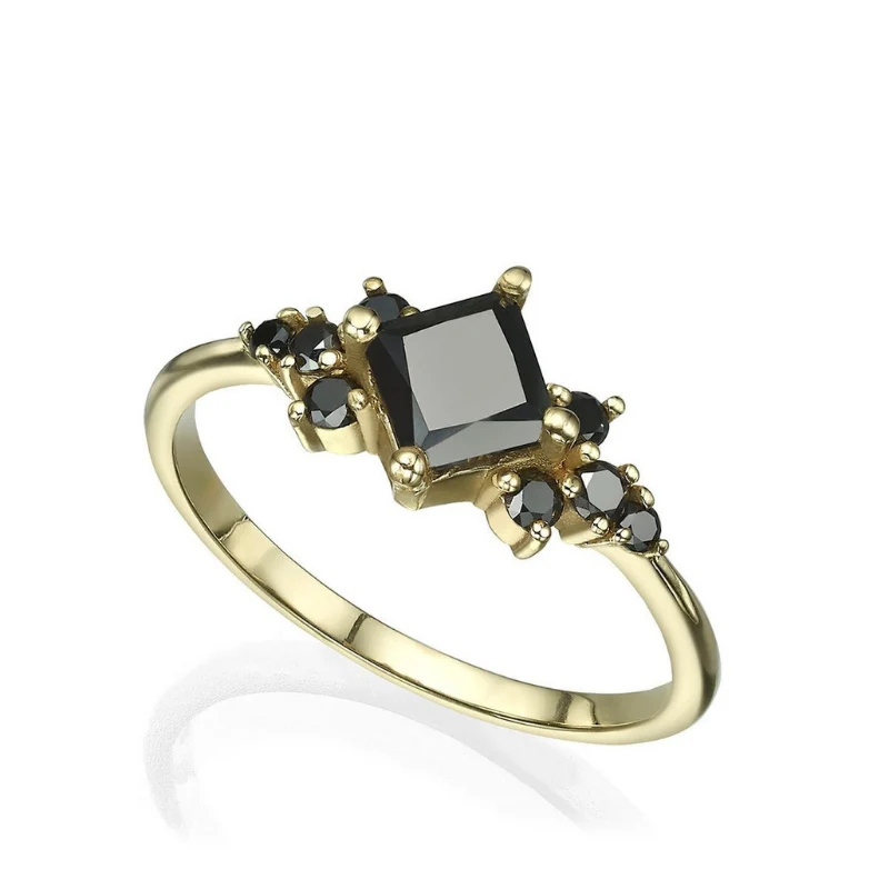 2 Ct Princess Cut Black Diamond Engagement Ring - 10K Yellow Gold