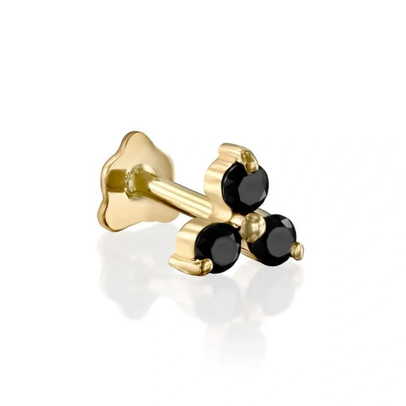 Boucles d'oreilles à tige avec 3 pierres et diamant noir de 0,60 ct pour femme - Or jaune 10 carats — Boucles D'oreilles