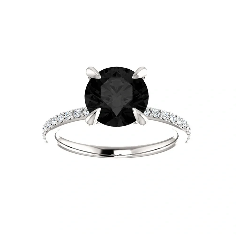 Round Cut White & Black Diamond Solitaire Engagement Ring - 10K Yellow Gold
