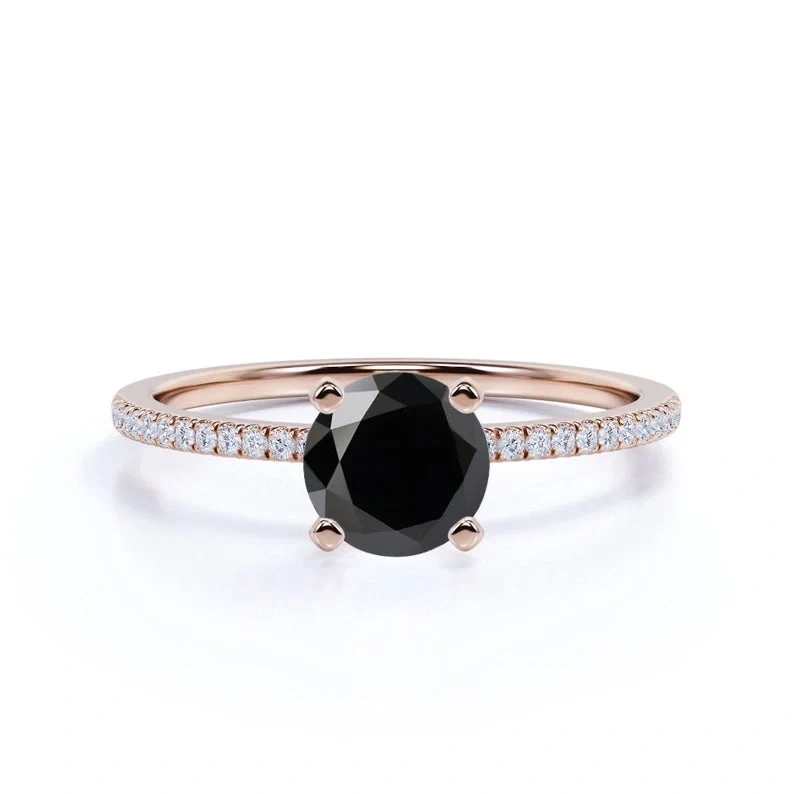 Round Brilliant Cut Solitaire Black Diamond Engagement Ring With Accent - 10K Yellow Gold