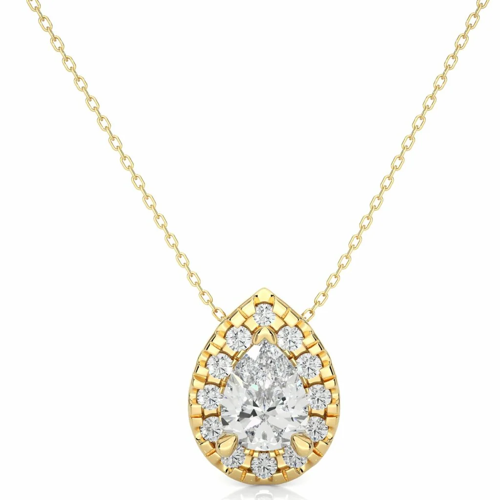 Pendentif diamant Halo Lab en forme de poire de 0,27 ct en or jaune - Or jaune 10 carats / Diamant de laboratoire — Collier pendentif