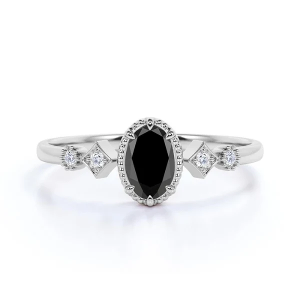 2 Ct Oval Face Shape And Round 5 Stone Black And White Diamond Ring - 10K Yellow Gold — Stackable Rings