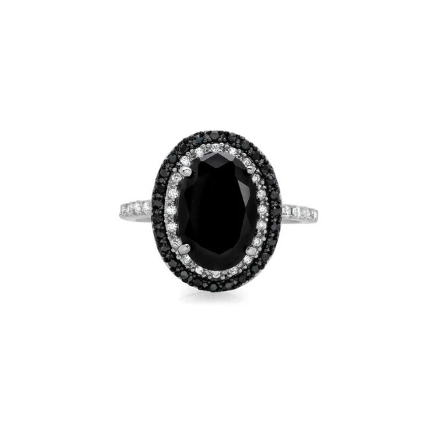 3.55 Ct Oval & Round Cut Black and White Diamond Engagement Ring - 10K Yellow Gold