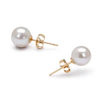 Boucles d'oreilles à tige avec perles blanches de 2 carats - Or jaune 10 carats / Perle — Boucles D'oreilles