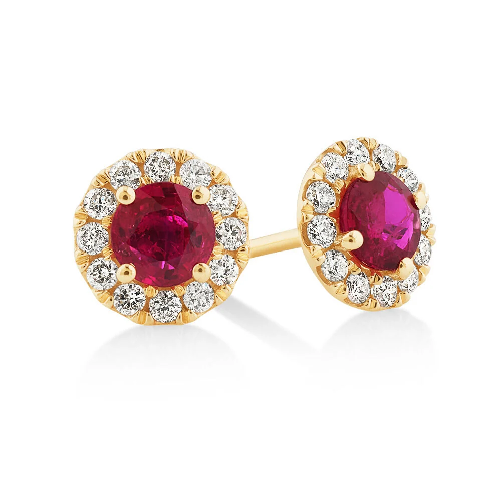 2.10 Carat Round Prong Set Ruby Gemstone Stud Earrings - 10K Yellow Gold / Ruby — Stud Earrings