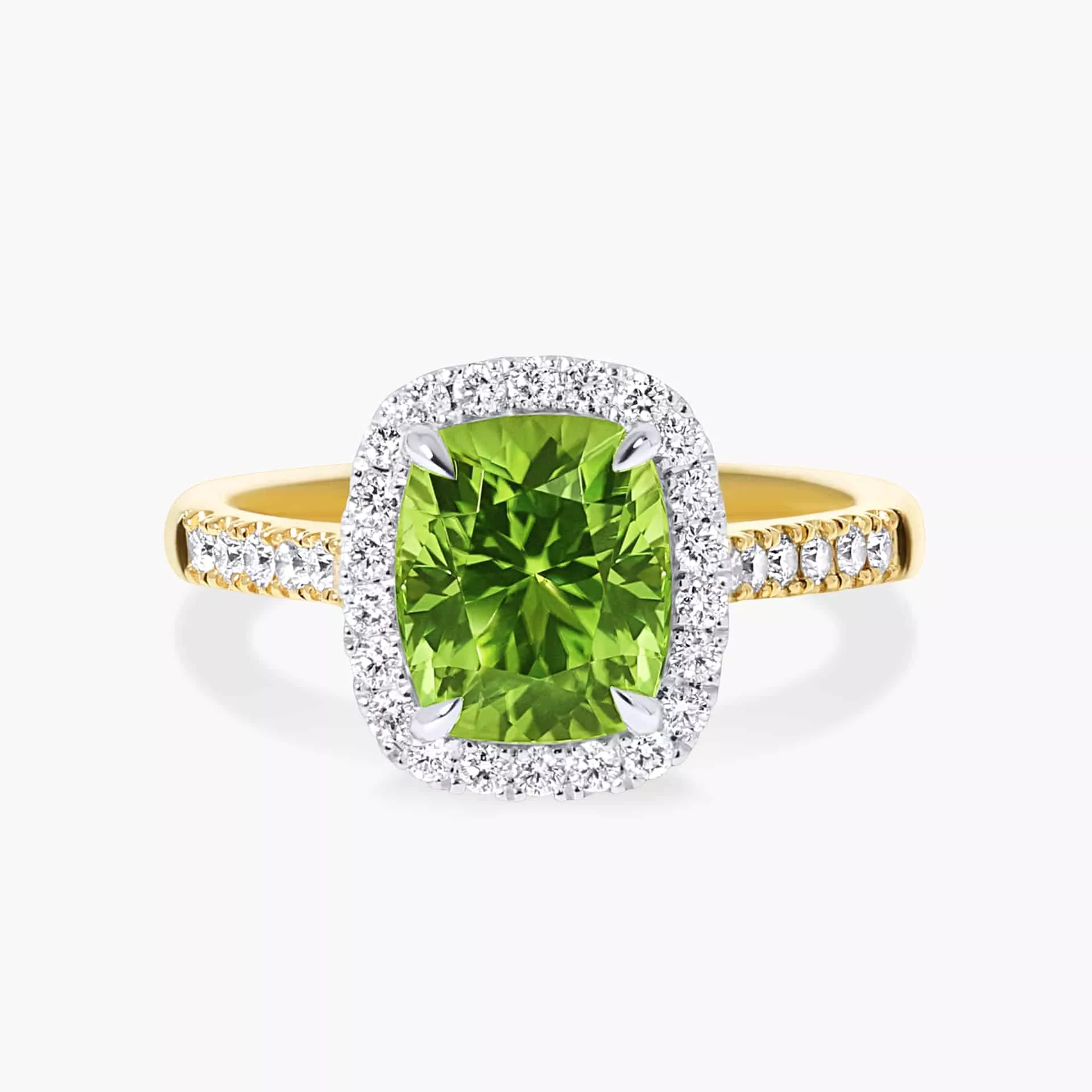 Bague de fiançailles en pierre précieuse halo de péridot avec griffes coupées en coussin de 2,50 ct - Or jaune 10 carats / Péridot — Bagues de fiançailles