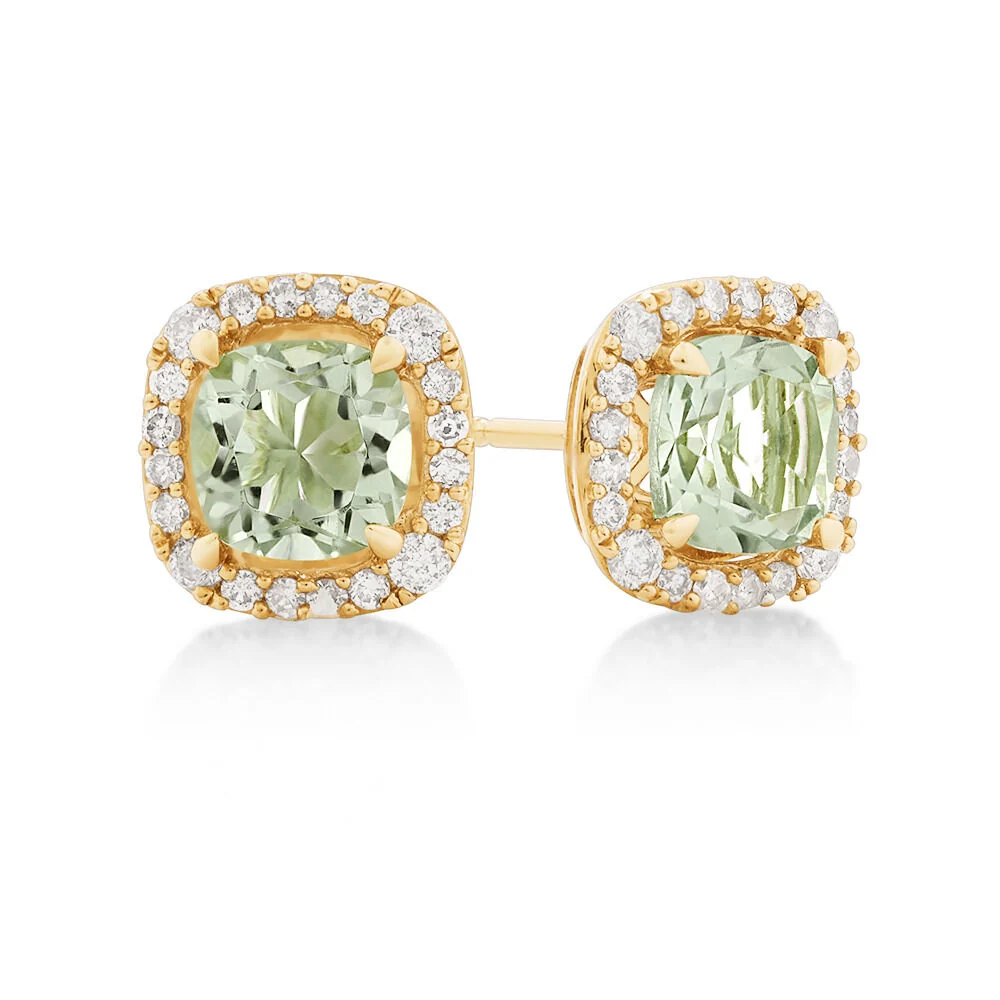 Boucles d'oreilles à tige avec halo de péridot coussin 3 ct - Or jaune 10 carats — Boucles D'oreilles