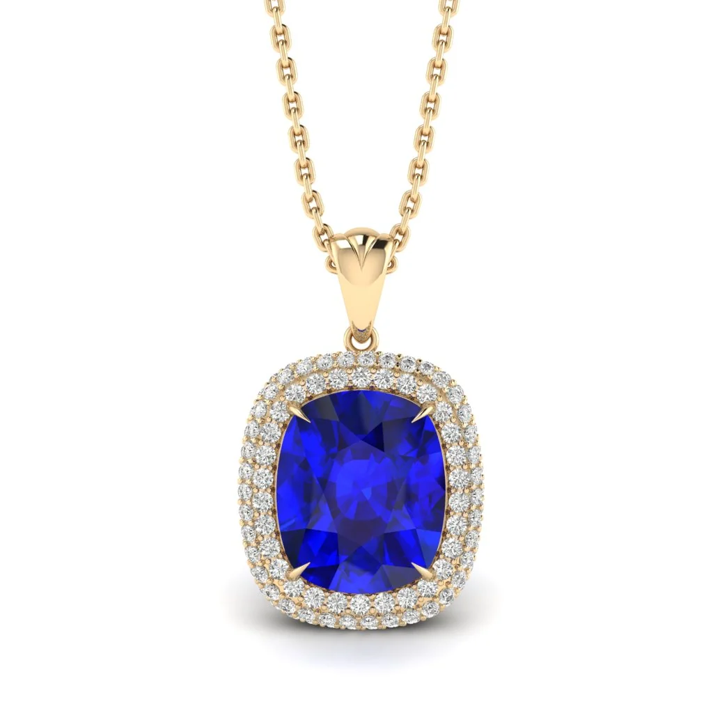 3.50 Carat Cushion Sapphire Double Halo Pendant by Gemone Diamond — Pendant Necklace