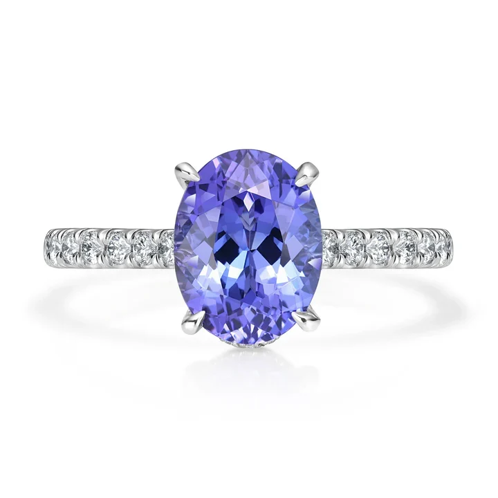 2.30 Ct Oval Tanzanite Gemstone Hidden Halo Ring by Gemone Diamond — Stackable Rings