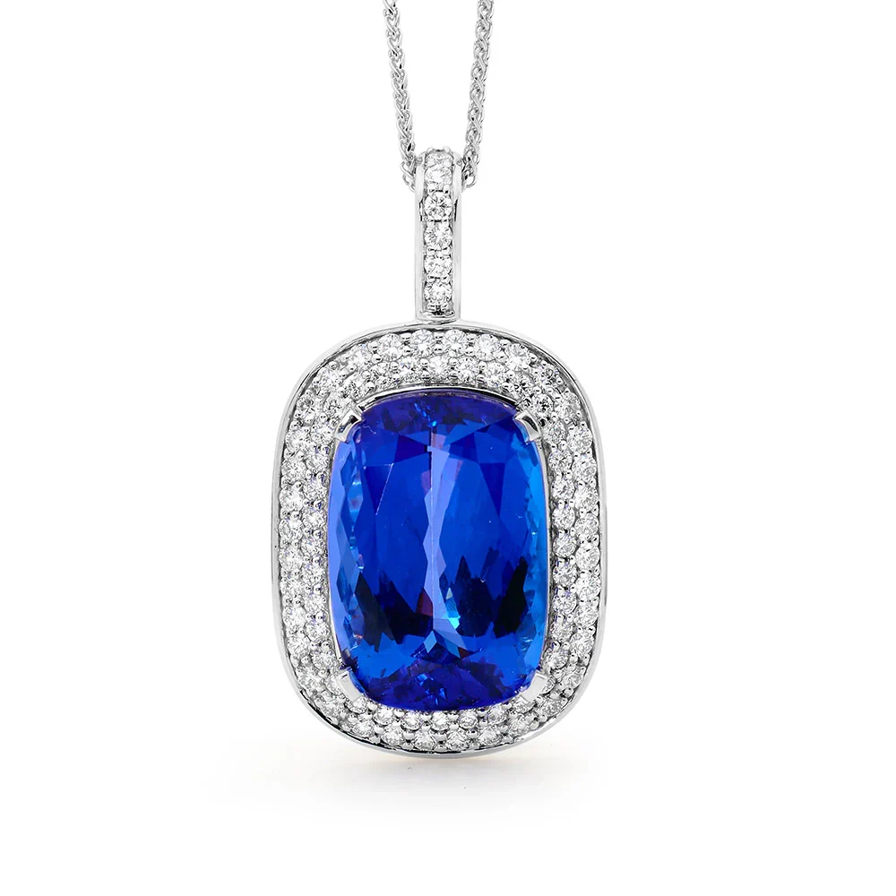 Pendentif double halo en tanzanite ovale de 3,20 carats avec serti de griffes - Or jaune 10 carats / Tanzanite — Collier pendentif