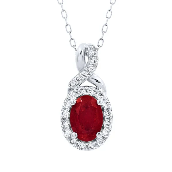 Pendentif halo en rubis ovale de 3,10 carats serti de griffes - Or jaune 10 carats / Rubis — Collier pendentif