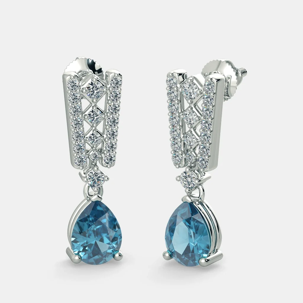 5 Ct Pear Cut Prong Set Blue Lab Diamond Dangle Earrings - 10K Yellow Gold / Lab Diamond — Stud Earrings