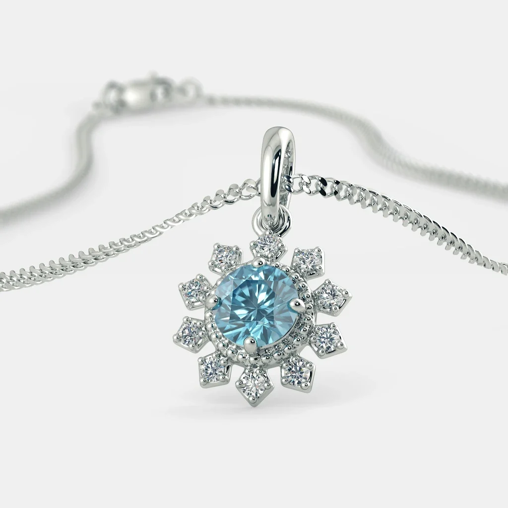 Pendentif diamant de laboratoire floral bleu rond de 2,20 carats en or blanc - Or jaune 10 carats / Diamant de laboratoire — Collier pendentif